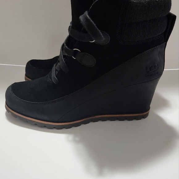 UGG Australia Women's Kriston Black Waterpoof Leather Wedge Boots - Picture 5 of 5